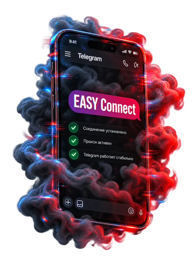 Telegram с подключённым прокси EASY Connect: соединение установлено, прокси активен
